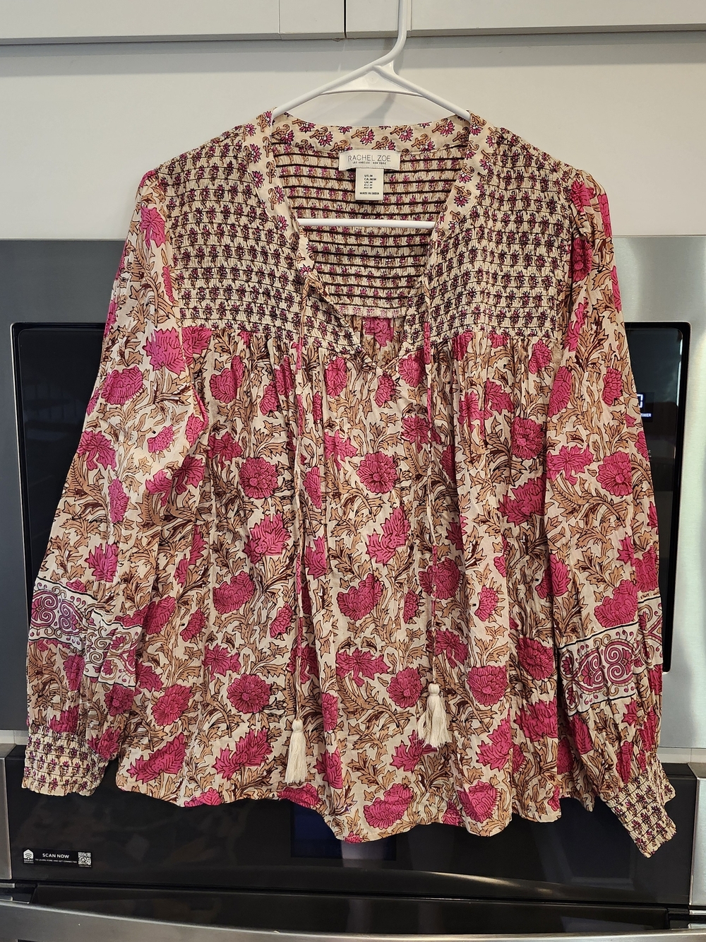 Rachel Zoe Pink and Beige Floral Smocked Peasant Blouse